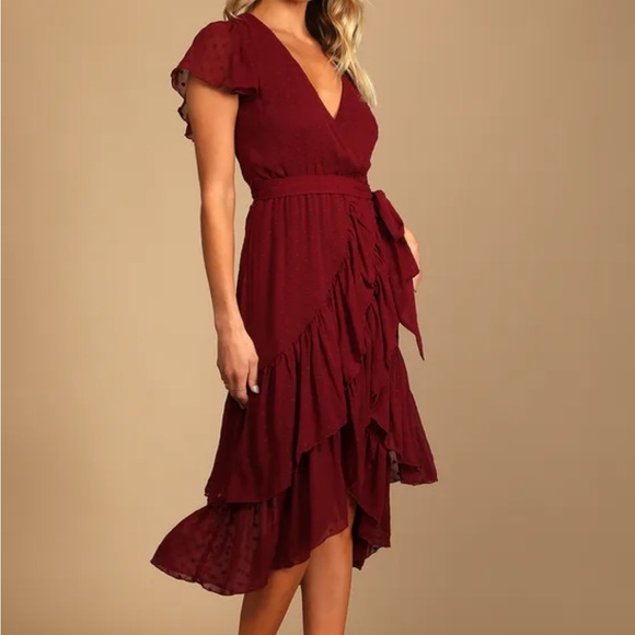 Lulus Burgundy Midi Wrap Dress - Picture 3 of 9